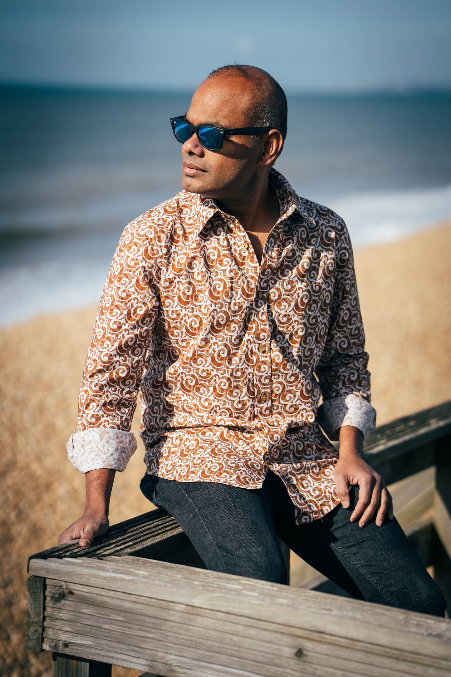 GOLDEN-BROWN (Swirling motifs Cotton Shirts with Coconut shell buttons)