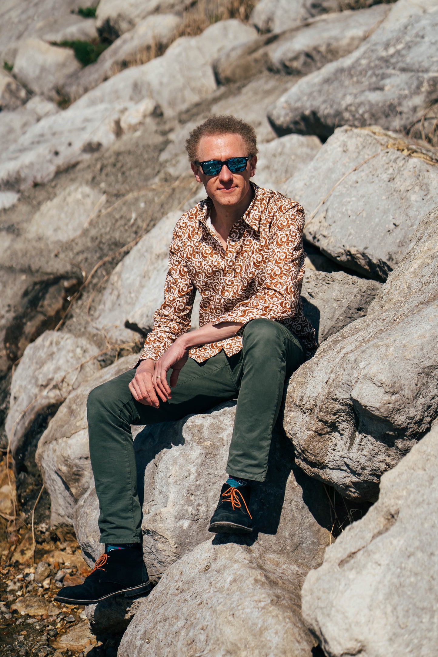 GOLDEN-BROWN (Swirling motifs Cotton Shirts with Coconut shell buttons)